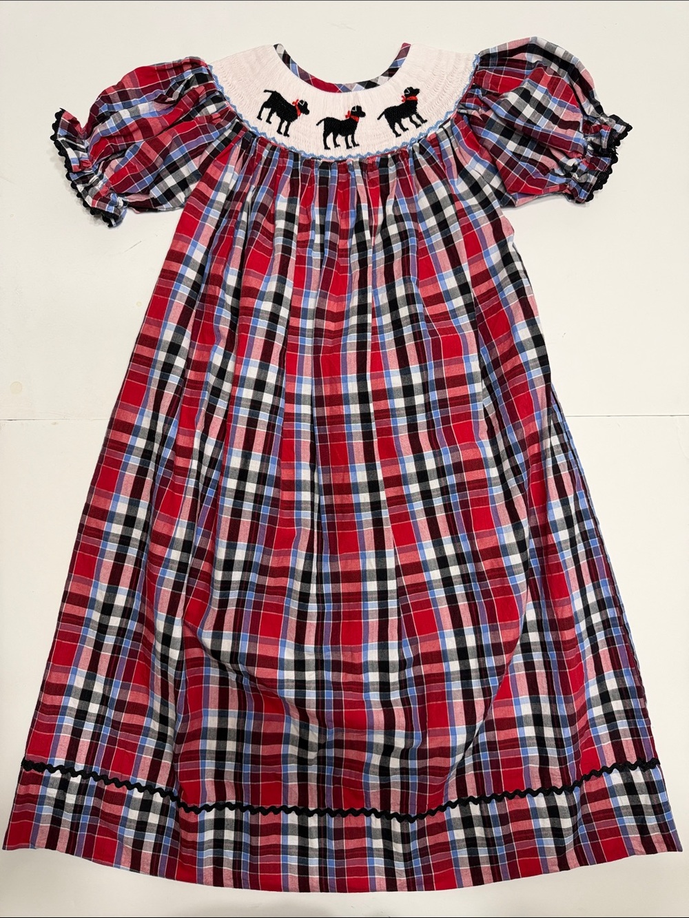 Babeeni Cotton Red Plaid Smocked Dress with Black Dog Embroidery
